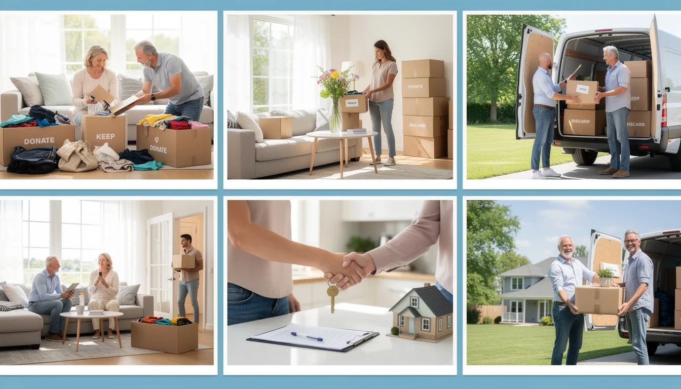 A step-by-step visual process guide demonstrating how downsizing home sale fast without stress works