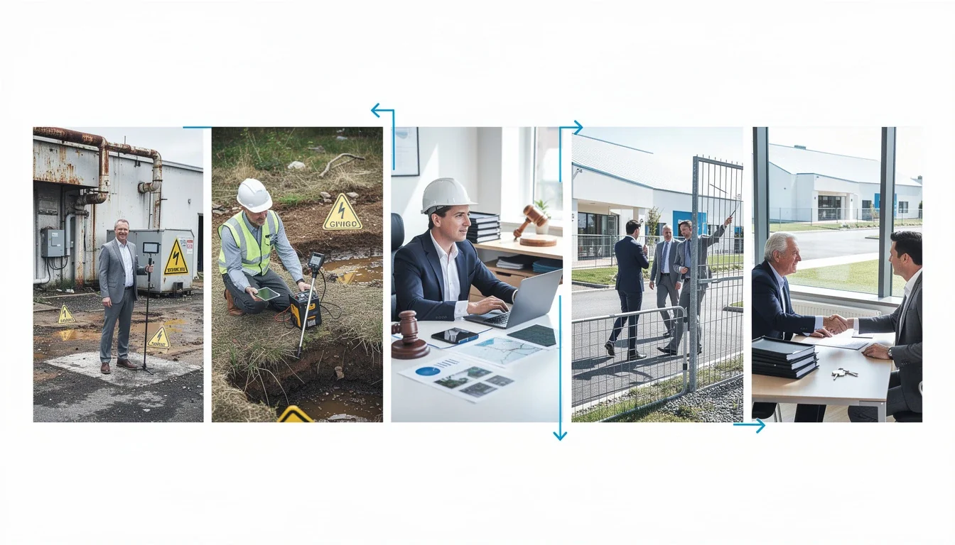 A step-by-step visual process guide demonstrating how selling commercial property with environmental issues works